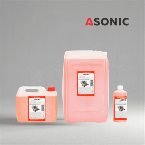 ASONIC AS-CARB detergent in 1L, 5L, and 25L canisters for cleaning carurators and parts of the engene.