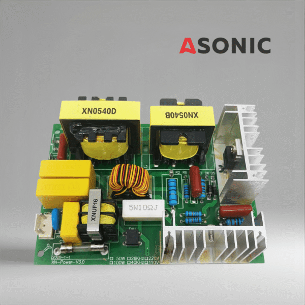 ASONIC-PROmodel-PCB-60W40kHZ ASONIC PROmodel PCB 60W 40kHz, bord fuqie zëvendësues i besueshëm për sistemet e pastrimit ultrasonik me dalje të qëndrueshme.