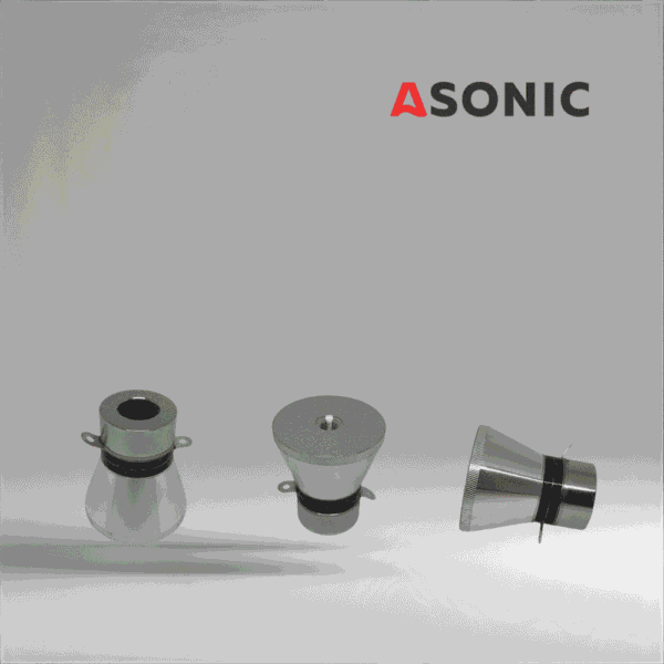 Transduktori ultrasonik ASONIC 28 kHz 60 W, komponent i fuqishëm i projektuar për pastruesit ultrasonikë industrialë.