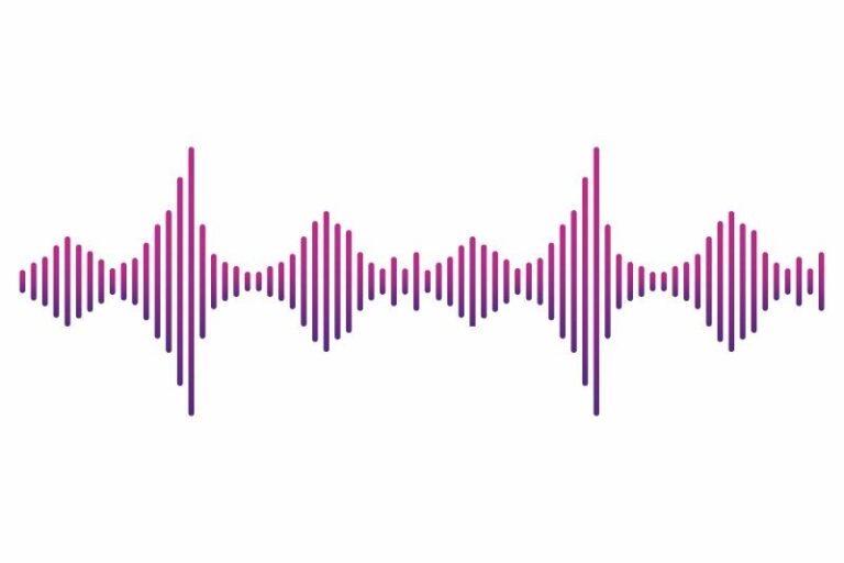 Grafik që tregon valë ultratinguj me vija të kuqe në qendër që përfaqësojnë dridhjet e zërit.