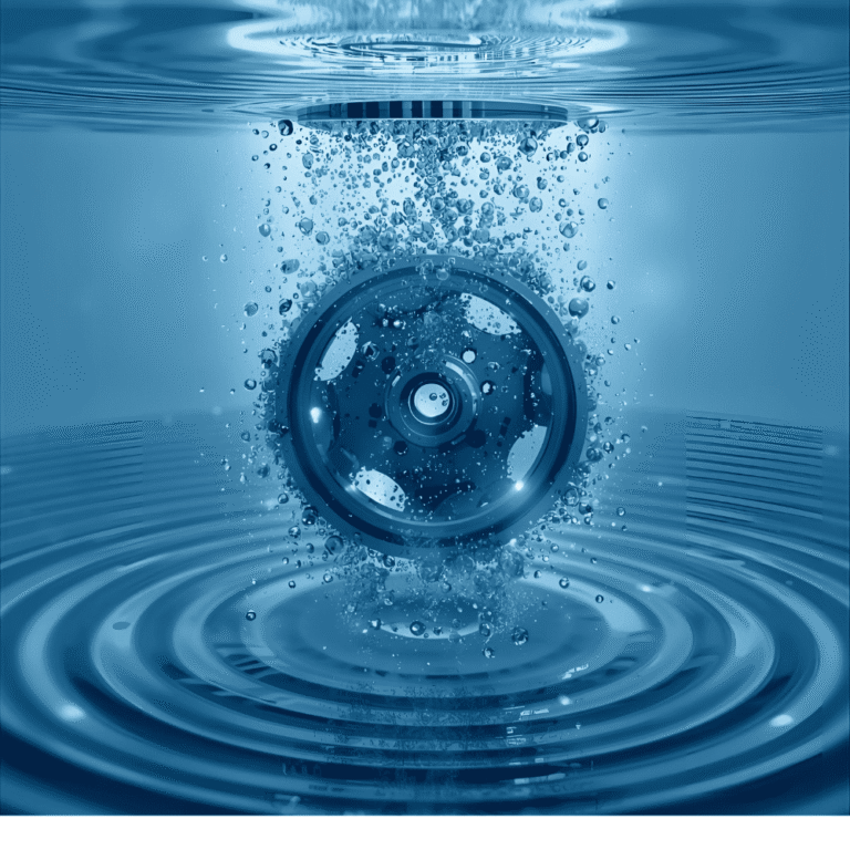 Pajisje metalike e zhytur në ujë blu me flluska që simbolizojnë pastrimin ultrasonik të objekteve komplekse.