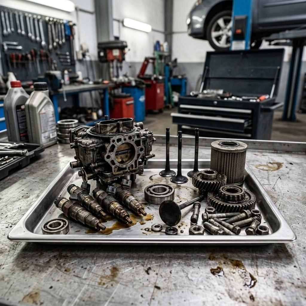 Pjesë motori dhe një karburator në servis automjetesh, gati për pastrim ultrasonik