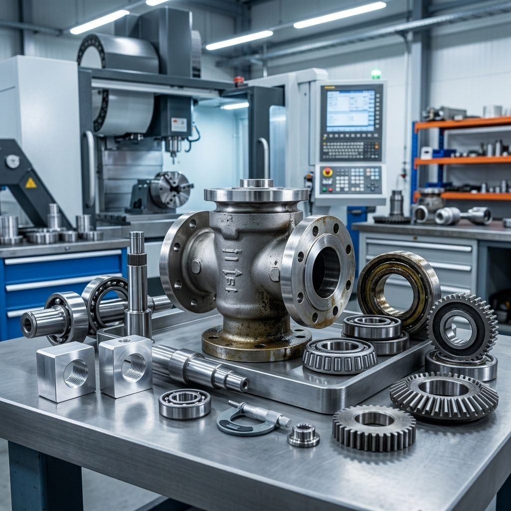Komponentë industrialë, valvola dhe ingranazhe në një fabrikë prodhimi